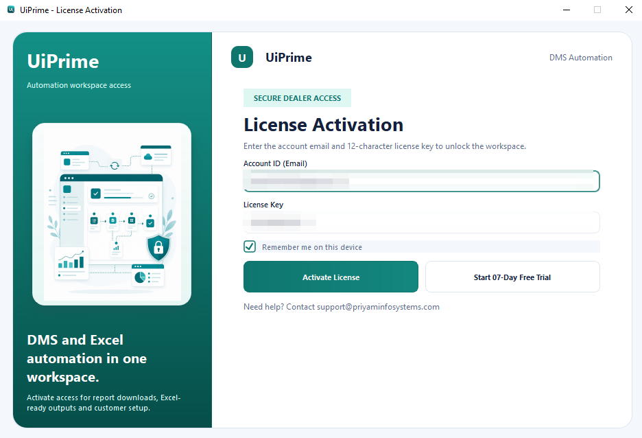 UiPrime license activation screen with credentials hidden